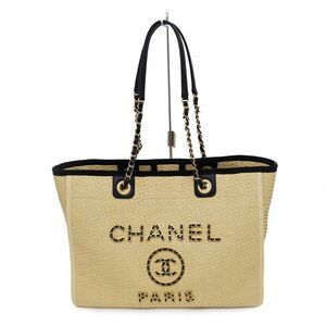 Chanel Deville MM Medium Tote Bag A67001 Raffia Beige Straw Shoulder